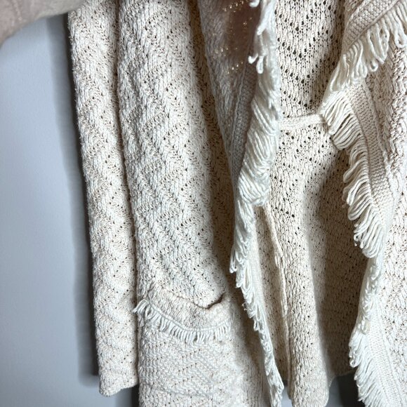 Anthropologie Angel of the North Chevron Fringe Knit Shawl Collar Cardigan Cream - Picture 3 of 5